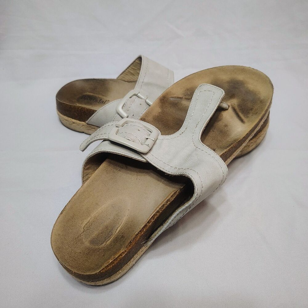 BJORNDAL Penelope Footbed Sandal T Strap Thong Beige Canvas Slip-On 10
